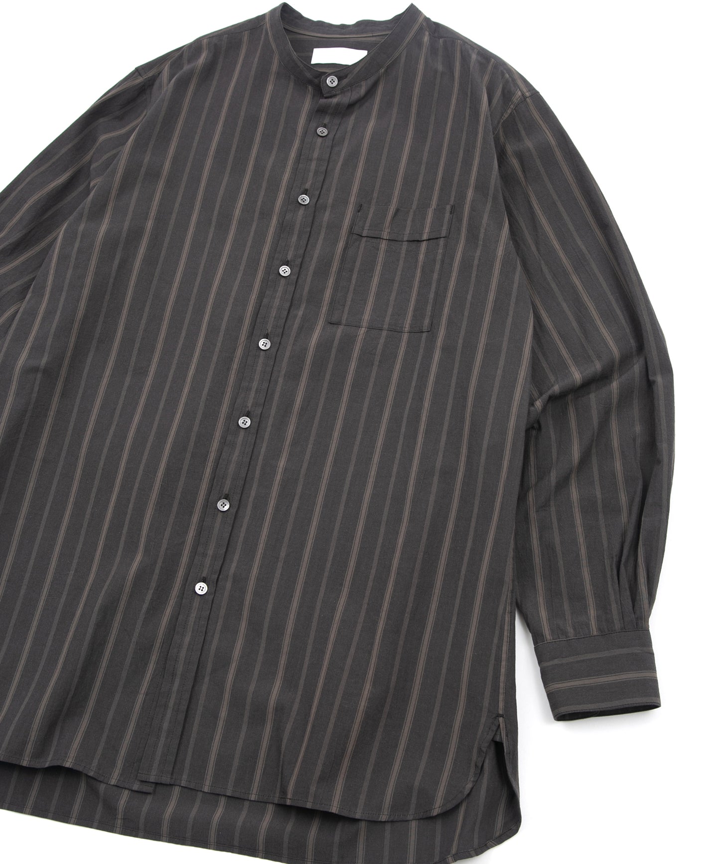 オーガニックコットン ワッシャー ストライプ L/S バンドカラーシャツ - BROWN STRIPE