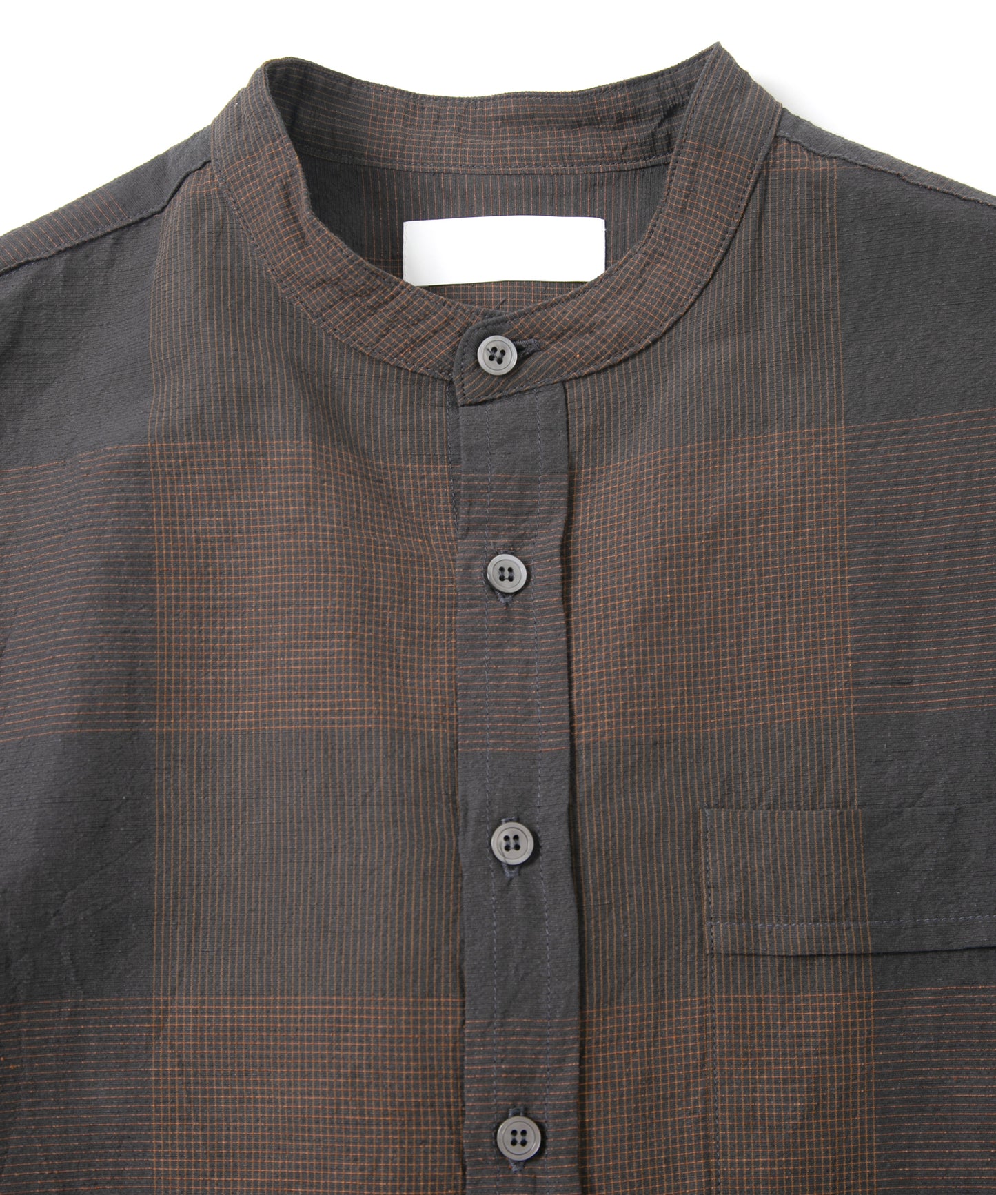 コットンリネンコードチェック LD ウォッシャー L/S バンドカラーシャツ - BROWN CHECK