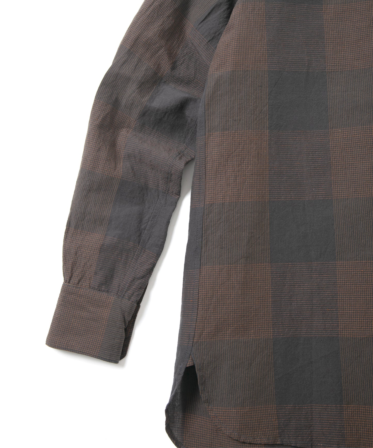 コットンリネンコードチェック LD ウォッシャー L/S バンドカラーシャツ - BROWN CHECK