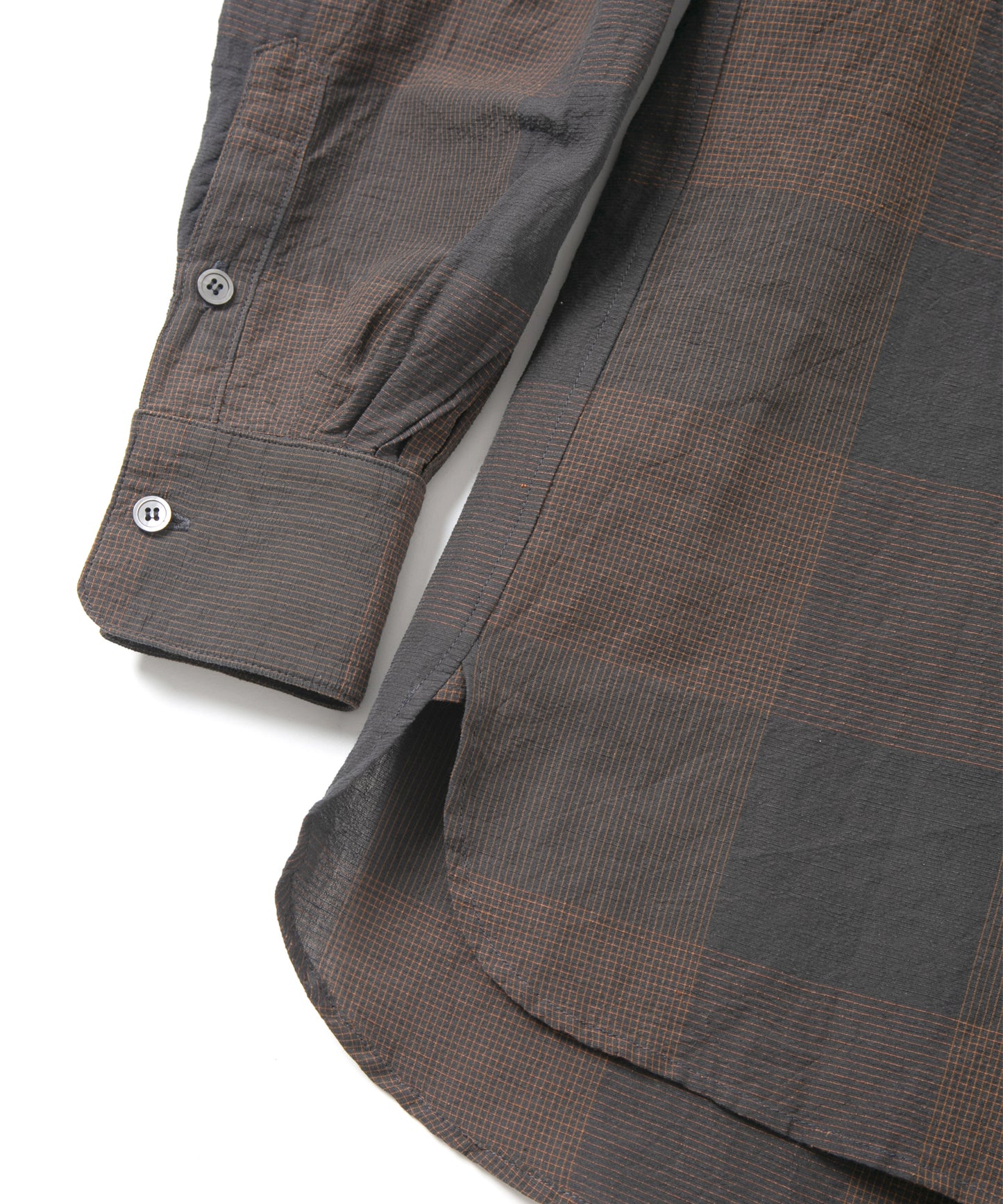 コットンリネンコードチェック LD ウォッシャー L/S バンドカラーシャツ - BROWN CHECK
