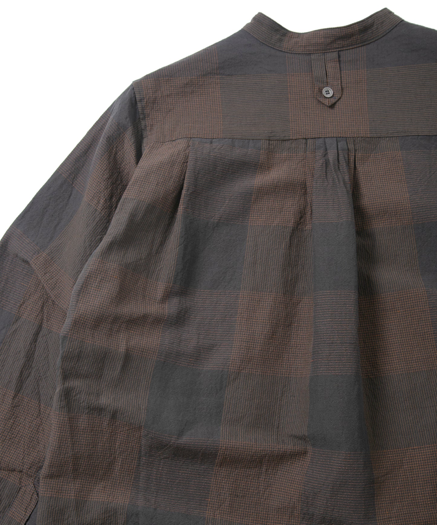 コットンリネンコードチェック LD ウォッシャー L/S バンドカラーシャツ - BROWN CHECK