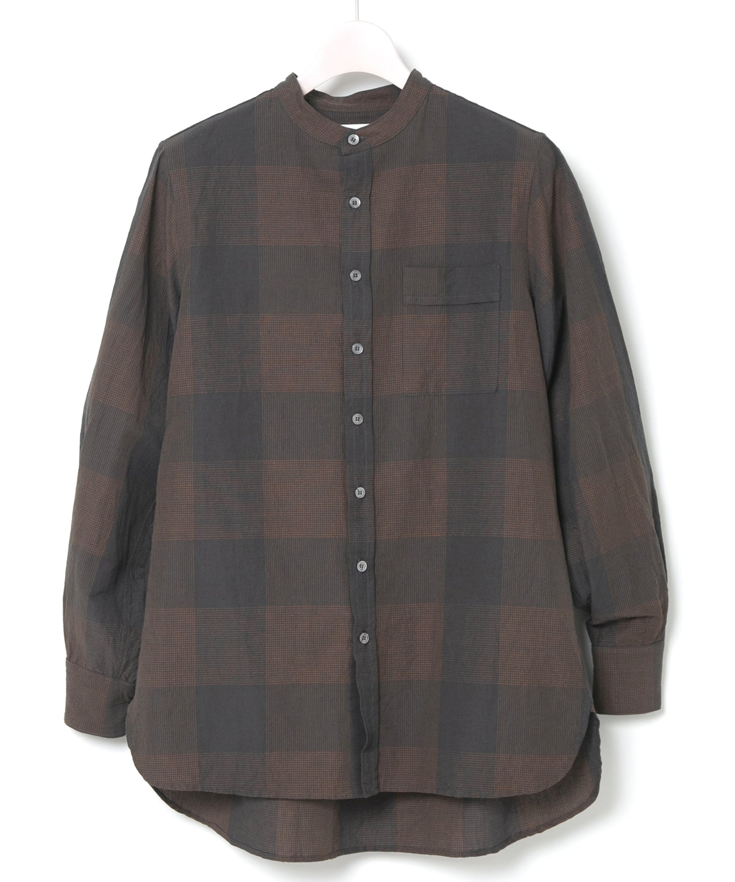 コットンリネンコードチェック LD ウォッシャー L/S バンドカラーシャツ - BROWN CHECK