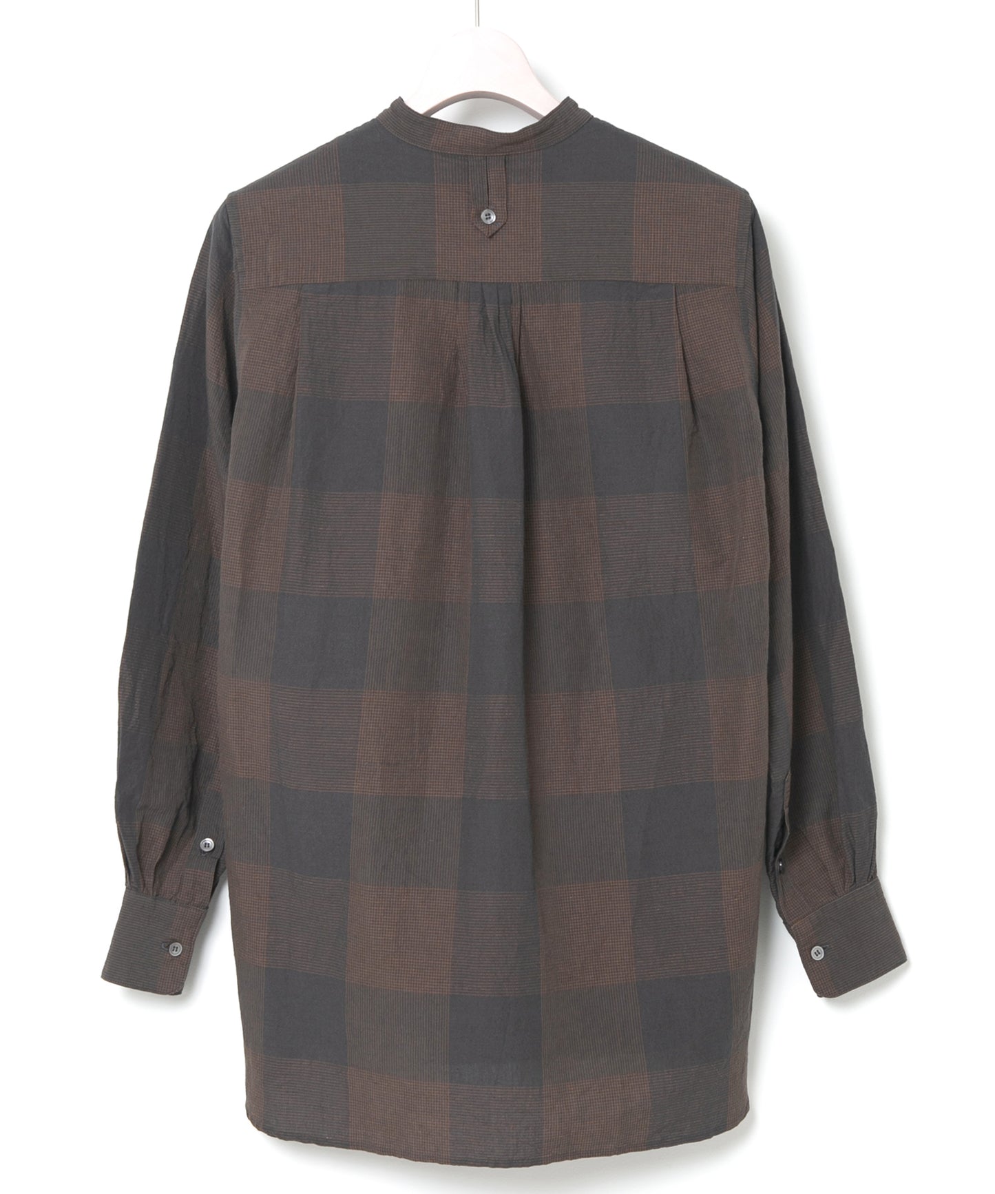 コットンリネンコードチェック LD ウォッシャー L/S バンドカラーシャツ - BROWN CHECK