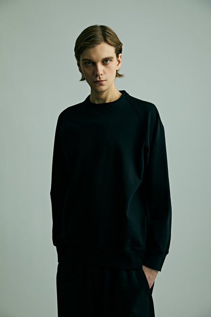 コットン ストレッチ 裏毛 クルーネック L/S カットソー - Black