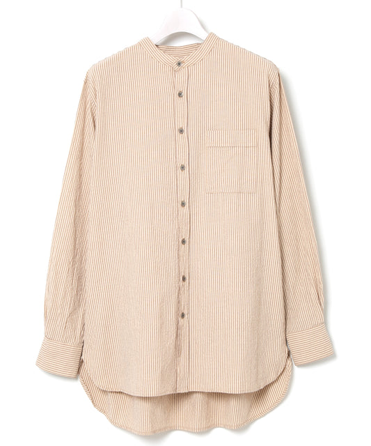 コットンウール シアサッカー ワッシャー L/S バンドカラーシャツ - NATURAL STRIPE